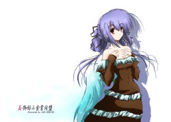 Rule 34 | 00s, 1girl, 2005, bare shoulders, blush, breasts, collarbone, dated, dress, expressionless, fantasy, hair ribbon, hands on own chest, light purple hair, long hair, long sleeves, looking at viewer, nt50, original, red eyes, ribbon, sidelocks, simple background, solo, very long hair, wings