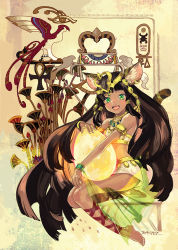 Rule 34 | 1girl, animal ears, bastet (p&amp;d), brown hair, cat ears, cat tail, coida, egyptian, green eyes, jewelry, long hair, lots of jewelry, open mouth, puzzle &amp; dragons, solo, tail, very long hair