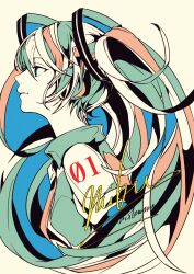 Rule 34 | 1girl, 3kuma, arm tattoo, character name, from side, green eyes, green hair, green theme, hatsune miku, headphones, highres, limited palette, long hair, looking ahead, necktie, profile, signature, smile, solo, tattoo, twintails, upper body, very long hair, vocaloid