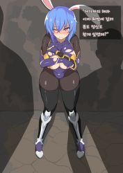 Rule 34 | 1girl, animal ears, armor, blue hair, blush, bodysuit, breasts, rabbit ears, clenched teeth, covering privates, covering breasts, imminent rape, kook, kunoichi, large breasts, original, pink eyes, shadow, sweat, teeth, torn clothes, translation request