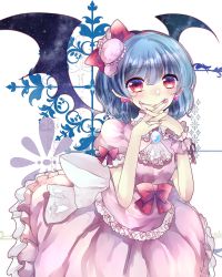 Rule 34 | 1girl, absurdres, alternate costume, ascot, bad id, bad pixiv id, bat wings, blue hair, bow, dress, earrings, fingernails, frills, ginzuki ringo, hair ornament, hairband, hat, headband, highres, jewelry, looking at viewer, nail, nail art, pink dress, puffy short sleeves, puffy sleeves, red eyes, remilia scarlet, ribbon, short hair, short sleeves, solo, touhou, wings, wrist cuffs