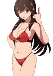 1girl, akagi (kancolle), bikini, breasts, brown eyes, brown hair, cleavage, commentary request, cowboy shot, highres, index finger raised, kantai collection, large breasts, long hair, looking at viewer, one eye closed, open mouth, red bikini, simple background, solo, standing, straight hair, swimsuit, unakyu, white background