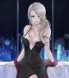 Rule 34 | 1girl, asymmetrical hair, bare shoulders, black dress, blonde hair, blush, breasts, breasts apart, center opening, covered navel, dress, highres, indoors, jewelry, lips, makeup, night, niijima sae, no bra, off shoulder, pale skin, pendant, persona, persona 5, solo, spaghetti strap, tommy (kingdukeee), window