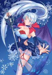 Rule 34 | 1girl, arm up, blue background, blue eyes, blush, breasts, closed mouth, clothing cutout, demon wings, detached sleeves, dress, facing viewer, floating hair, hair ornament, hair tie, hand up, high ponytail, highres, holding, holding rapier, holding sword, holding weapon, large breasts, long hair, looking at viewer, navel, navel cutout, outstretched arm, ponytail, rapier, rwby, sad, scar, scar across eye, scar on face, skirt, snow, snowflakes, solo, standing, sword, thighhighs, tiara, very long hair, weapon, weiss schnee, white hair, wings