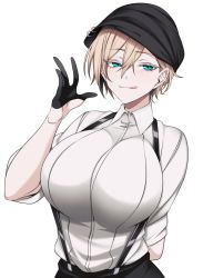 Rule 34 | 1girl, absurdres, aqua eyes, black gloves, black hat, blonde hair, breasts, eyebrows, gloves, hair between eyes, half gloves, hat, highres, hz (666v), large breasts, licking, licking lips, looking at viewer, original, shirt, short hair, solo, suspenders, tomboy, tongue, tongue out, upper body, white background, white shirt