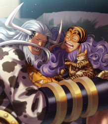 Rule 34 | 2boys, animal, avalo pizarro, beard, cat, coat, curly hair, drooling, eye mask, closed eyes, facial hair, gauntlets, grey hair, highres, horns, indoors, jesus burgess, long hair, lying, lying on person, male focus, mask, missing tooth, multiple boys, mustache, on back, on side, one piece, open mouth, pillow, purple hair, shirt, sleeping, small head, smile, twitter username, upper body, wrestling mask, youkan (tako)