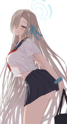 Rule 34 | 1girl, absurdly long hair, alternate costume, ass, asuna (blue archive), asymmetrical bangs, bag, blue archive, blush, breasts, cropped shirt, fingernails, hair over one eye, halo, highres, holding, holding bag, large breasts, leaning forward, light brown hair, long bangs, long hair, looking at viewer, midriff, miniskirt, nail polish, pleated skirt, school uniform, scrunchie, see-through silhouette, serafuku, short sleeves, silver bullet (ecc12 8), simple background, skirt, smile, solo, straight hair, very long hair, white background, wrist scrunchie