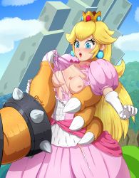 Rule 34 | 1boy, 1girl, :o, artist name, blonde hair, blue eyes, blue sky, blush, bowser, breasts, claws, cloud, crown, day, dress, earrings, gloves, grabbing, highres, imminent rape, interspecies, jewelry, lips, mario (series), medium breasts, mini crown, monster, nintendo, nipples, no bra, obakeart, open mouth, pink dress, princess, princess peach, puffy short sleeves, puffy sleeves, short sleeves, size difference, sky, spikes, super smash bros., tearing clothes, torn clothes, torn dress, white gloves