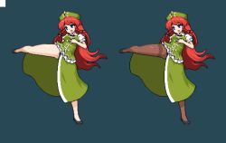 Rule 34 | 1girl, :o, beret, black pantyhose, blue eyes, braid, chinese clothes, full body, hat, hat ornament, hong meiling, kicking, leg up, long hair, looking to the side, lowres, multiple views, namako daibakuhatsu, open mouth, pantyhose, pixel art, red hair, short sleeves, simple background, skirt, standing, standing on one leg, star (symbol), star hat ornament, thick thighs, thighband pantyhose, thighs, touhou, twin braids, variations, very long hair