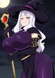 Rule 34 | 1girl, absurdres, black capelet, black gloves, black hat, blunt bangs, breasts, capelet, cloud, cowboy shot, dress, elbow gloves, eyelashes, full moon, gloves, gold trim, halloween, halloween costume, hands up, hat, highres, holding, holding staff, huge breasts, idolmaster, idolmaster (classic), jabara tornado, long hair, looking at viewer, moon, night, night sky, outdoors, parted lips, pelvic curtain, purple dress, purple eyes, ribbon, shijou takane, shiny skin, sidelocks, silver hair, sky, sleeveless, sleeveless dress, smirk, solo, staff, standing, star (sky), starry sky, thick thighs, thighs, witch, witch hat