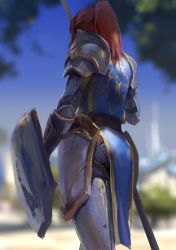 Rule 34 | 1girl, absurdres, armor, blurry, blurry background, fantasy, faulds, female focus, female knight, from behind, gauntlets, highres, holding, holding shield, holding sword, holding weapon, knight, lyna deathshaow, outdoors, pauldrons, pelvic curtain, ponytail, red hair, sheath, shield, shoulder armor, solo, sword, warcraft, weapon