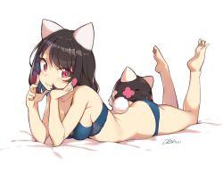 Rule 34 | 1girl, animal ears, artist name, ass, bad id, bad twitter id, bare legs, barefoot, black hair, blue bra, blue panties, bra, breasts, butt crack, cleavage, cloba, closed mouth, full body, head rest, highres, inactive account, light smile, looking at viewer, lying, medium breasts, on stomach, original, panties, pink eyes, rabbit tail, short hair, solo, tail, underwear, underwear only