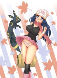 Rule 34 | 1girl, animal ears, animal hands, bad deviantart id, bad id, bag, bare shoulders, beanie, black eyes, black shirt, black socks, blue eyes, blue hair, blush, boots, bow, bow panties, breasts, collarbone, colored sclera, covered erect nipples, creatures (company), dawn (pokemon), feet, female focus, game freak, gen 2 pokemon, hair ornament, hairclip, hand up, hat, highres, jpeg artifacts, jumping, kneehighs, large breasts, long hair, looking at viewer, navel, nintendo, open mouth, panties, pantyshot, pink footwear, pink scarf, pink skirt, pokemon, pokemon (creature), pokemon dppt, red sclera, scarf, shirt, simple background, skirt, sleeveless, sleeveless shirt, socks, solo, standing, tail, umbreon, underwear, virus-g, white hat, white panties, wristband, yellow bag