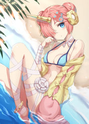 Rule 34 | 1girl, bad id, bad pixiv id, bandaged arm, bandaged leg, bandages, beach, bikini, blue bikini, blue eyes, blush, breasts, cleavage, closed mouth, collarbone, commentary request, day, double bun, fate/grand order, fate (series), frankenstein&#039;s monster (fate), frankenstein&#039;s monster (swimsuit saber) (fate), frankenstein&#039;s monster (swimsuit saber) (first ascension) (fate), hair bun, hair ornament, hair over one eye, hand up, highres, horns, jacket, knee up, looking at viewer, lying, medium breasts, navel, on side, open clothes, open jacket, outdoors, palm tree, pink hair, sand, single horn, solo, swimsuit, swimsuit cover-up, tree, water, yellow jacket, yuzu-aki