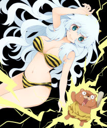Rule 34 | 1girl, animal print, aqua eyes, artemis (fate), bikini, black background, blue hair, closed mouth, club (weapon), commentary request, constricted pupils, crossover, curly hair, drooling, fate/grand order, fate (series), hair between eyes, horns, light blue hair, long hair, looking at viewer, oni, oni horns, orion (bear) (fate), print bikini, simple background, smile, strapless, strapless bikini, stuffed animal, stuffed toy, swimsuit, tamaoka kagari, tareme, teddy bear, tiger print, very long hair