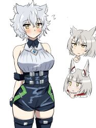 Rule 34 | animal ears, blush, breast envy, breasts, cat ears, cat girl, chest jewel, clothing cutout, confused, core crystal (xenoblade), crystal, diamond cutout, ereka, fingerless gloves, gloves, high-waist shorts, highres, large breasts, looking at breasts, looking at viewer, messy hair, mio (xenoblade), multiple girls, na&#039;el (xenoblade), nia (xenoblade), romper, short hair, short shorts, shorts, simple background, thighhighs, white background, xenoblade chronicles (series), xenoblade chronicles 3, xenoblade chronicles 3: future redeemed, yellow eyes