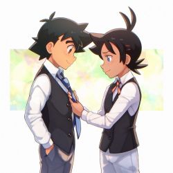 Rule 34 | 2boys, adjusting neckwear, alternate costume, ash ketchum, black hair, black vest, blue eyes, blush, brown eyes, buttons, closed mouth, collared shirt, commentary request, creatures (company), eyelashes, from side, game freak, goh (pokemon), grey pants, hand in pocket, long sleeves, male focus, multiple boys, necktie, nintendo, pants, pokemon, pokemon (anime), pokemon journeys, shirt, short hair, smile, tama! (lazyturtle), vest, white shirt