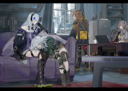 Rule 34 | 404 (girls&#039; frontline), 4girls, absurdres, boots, brown eyes, brown hair, closed eyes, computer, couch, cross, fingerless gloves, g11 (girls&#039; frontline), g11 (mod3) (girls&#039; frontline), girls&#039; frontline, gloves, grey hair, hair ribbon, hand on own cheek, hand on own face, headband, highres, hk416 (girls&#039; frontline), hk416 (mod3) (girls&#039; frontline), iron cross, jacket, knee guards, lap pillow, laptop, letterboxed, long hair, military jacket, mod3 (girls&#039; frontline), multiple girls, nslacka, off shoulder, one eye closed, pantyhose, pleated skirt, ribbon, scar, scar across eye, scar on face, scenery, shirt, sitting, skirt, sleeping, twintails, ump45 (girls&#039; frontline), ump45 (mod3) (girls&#039; frontline), ump9 (girls&#039; frontline), ump9 (mod3) (girls&#039; frontline), white shirt