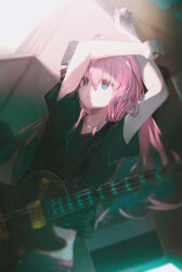 Rule 34 | 1girl, black shirt, blue eyes, blurry, bocchi the rock!, closed mouth, cube hair ornament, depth of field, electric guitar, gotoh hitori, guitar, hair between eyes, hair ornament, highres, instrument, long hair, makihitsuji, one side up, pink hair, shirt, short sleeves, solo, upper body