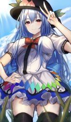 Rule 34 | 1girl, 7saki, blue hair, blue sky, bow, duplicate, frilled skirt, frills, highres, hinanawi tenshi, long hair, on grass, pixel-perfect duplicate, red bow, red eyes, salute, short sleeves, skirt, sky, smile, solo, touhou, two-finger salute, very long hair
