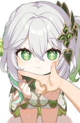 Rule 34 | 1girl, 1other, bloomers, clenched hands, dress, genshin impact, gradient hair, green eyes, green hair, grey hair, hair ornament, hand on another&#039;s chin, highres, inuyama nanami, leaning forward, long hair, looking at viewer, multicolored hair, nahida (genshin impact), pout, pov, short dress, side ponytail, sleeveless, sleeveless dress, symbol-shaped pupils, two-tone hair, underwear, white bloomers, white dress