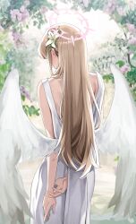 Rule 34 | 1girl, absurdres, angel wings, arms behind back, bad anatomy, blue archive, dress, feathered wings, flower, from behind, hair flower, hair ornament, halo, highres, light brown hair, long hair, nagisa (blue archive), ori (0rizuru), pink flower, pink halo, reversed hand, solo, white dress, white flower, white wings, wings