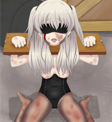 Rule 34 | 10s, 1girl, beaten, blindfold, blood, blue eyes, breasts, bruise, charlotte (anime), highres, injury, long hair, nipples, pantyhose, pillory, silver hair, tomori nao, tongue, tongue out, two side up