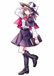 Rule 34 | 1girl, belt, belt buckle, black belt, black capelet, black footwear, black skirt, book, boots, bow, bowtie, brown eyes, brown hair, buckle, capelet, closed mouth, commentary, commission, full body, hair between eyes, hand on headwear, hat, hat bow, holding, holding book, long sleeves, looking at viewer, medium hair, miy 001, red bow, red bowtie, shirt, simple background, skeb commission, skirt, sleeve cuffs, smile, solo, standing, standing on one leg, touhou, usami renko, white background, white bow, white shirt