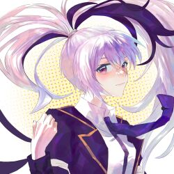 Rule 34 | 1girl, bandaged arm, bandages, black hair, black jacket, blazer, dress shirt, flower (vocaloid), flower (vocaloid3), high ponytail, highres, jacket, light smile, multicolored hair, necktie, open clothes, open jacket, ponytail, purple eyes, purple necktie, shirt, simple background, two-tone hair, veither913zeg, vocaloid, white hair, winter clothes, winter uniform