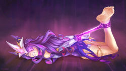 Rule 34 | 1girl, absurdres, arms behind back, aura, bdsm, bondage, bound, clenched teeth, elbow gloves, eyepatch, facial mark, feet, gem, gloves, glowing, hans ft, headgear, highres, league of legends, long hair, multicolored hair, nail polish, pink hair, purple hair, purple nails, purple rope, restrained, rope, signature, solo, star (symbol), star guardian (league of legends), star guardian syndra, syndra, teeth, toenails, white gloves, wooden floor