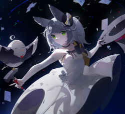 Rule 34 | 1girl, animal ears, azur lane, bare shoulders, black background, black choker, black ribbon, card, choker, detached sleeves, dress, formal, green eyes, grey hair, hat, highres, holding, holding clothes, holding hat, kitakaze (azur lane), kitakaze (night of doves and magic) (azur lane), long dress, looking at viewer, naycot, official alternate costume, playing card, ribbon, short hair, solo, strapless, strapless dress, suit, top hat, unworn headwear, white dress