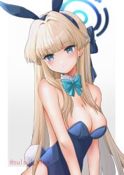 Rule 34 | 1girl, animal ears, aqua bow, aqua bowtie, bare shoulders, blonde hair, blue archive, blue bow, blue hair, blue leotard, bow, bowtie, braid, breasts, cleavage, closed mouth, commentary request, detached collar, fake animal ears, fake tail, gradient background, grey background, hair bow, halo, highres, leotard, long hair, looking at viewer, medium breasts, multicolored hair, official alternate costume, playboy bunny, rabbit ears, rabbit tail, smile, solo, suiki isuka, tail, toki (blue archive), toki (bunny) (blue archive), twitter username, two-tone hair