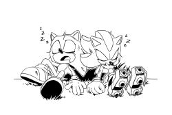 Rule 34 | 2boys, animal ears, animal nose, closed eyes, commentary, drooling, english commentary, full body, furry, furry male, gloves, grass, greyscale, highres, male focus, monochrome, mouth drool, multiple boys, open mouth, project-sonadow, shadow the hedgehog, shoes, simple background, sitting, sleeping, sonic (series), sonic the hedgehog, tail, white background, zzz