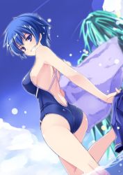Rule 34 | 1girl, ass, bare shoulders, blue eyes, blue hair, blue sky, breasts, competition school swimsuit, day, from below, grin, kamishiro sui, large breasts, leg up, matching hair/eyes, mutou kurihito, nontraditional school swimsuit, one-piece swimsuit, school swimsuit, short hair, sideboob, sky, smile, solo, swimsuit, tokyo 7th sisters, undressing, wading