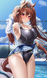 Rule 34 | 1girl, absurdres, animal ears, bare shoulders, blue one-piece swimsuit, bow, breasts, brown hair, chain-link fence, cleavage, clothes lift, cloud, cloudy sky, collarbone, commentary request, competition swimsuit, covered navel, daiwa scarlet (umamusume), fence, floating hair, furrowed brow, hair between eyes, hair intakes, hand up, highleg, highleg swimsuit, highres, horse ears, horse girl, horse tail, large breasts, lifted by self, long hair, looking at viewer, one-piece swimsuit, open clothes, open shirt, pleated skirt, po musubi, pool, red eyes, shirt, skirt, skirt lift, sky, solo, steaming body, swimsuit, swimsuit under clothes, tail, thick thighs, thighs, tiara, twintails, umamusume, undressing, very long hair, water, white shirt