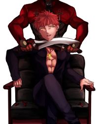 Rule 34 | 2boys, alternate universe, amakusa shirou (fate) (fanfic), archer (fate), bad id, bad pixiv id, black keys (type-moon), blade to throat, center opening, cross, cross earrings, cross necklace, earrings, emiya shirou, fate/stay night, fate (series), glowing, glowing eyes, head out of frame, holding, holding sword, holding weapon, jewelry, kanshou &amp; bakuya (fate), kurogo, male focus, multiple boys, necklace, red hair, sitting, sword, weapon, yellow eyes