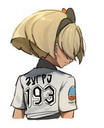 Rule 34 | 1girl, bea (pokemon), blonde hair, bow hairband, closed mouth, commentary request, creatures (company), echizen (n fns17), from behind, game freak, hair over eyes, hairband, nintendo, pokemon, pokemon swsh, print shirt, shirt, short hair, short sleeves, simple background, solo, upper body, white background