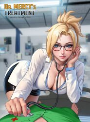 Rule 34 | 1boy, 1girl, alexander dinh, artist name, bent over, blonde hair, blue eyes, blurry, blurry background, blush, breasts, cleavage, closed mouth, doctor, glasses, highres, holding, holding stethoscope, large breasts, lips, mercy (overwatch), mole, mole on breast, overwatch, pencil skirt, ponytail, pov, shirt, skirt, solo focus, stethoscope, white shirt