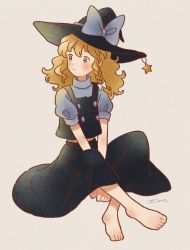 Rule 34 | 1girl, barefoot, between legs, black hat, black skirt, black vest, blonde hair, bow, braid, buttons, crossed legs, curly hair, hair bow, hand between legs, hat, hat bow, highres, kirisame marisa, long hair, looking to the side, midriff, shirt, short sleeves, side braid, signature, single braid, skirt, star (symbol), toe miyama, touhou, vest, white background, white bow, white shirt, witch hat