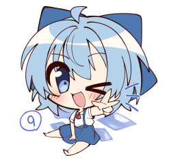 Rule 34 | &gt; o, 1girl, ahoge, blue bow, blue eyes, blue hair, blue skirt, bow, chibi, circled 9, cirno, collared shirt, commentary, full body, hair bow, highres, looking at viewer, misosiru 0224, one eye closed, shirt, short hair, simple background, sitting, skirt, solo, touhou, w, white background, white shirt