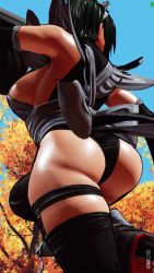 Rule 34 | 1girl, 3d, ass, black hair, black leotard, blue sky, breasts, butterfly swords, curvy, fighting stance, forest, highleg, highleg leotard, highres, huge ass, iroha (samurai spirits), large breasts, leotard, leotard under clothes, looking to the side, maid, maid headdress, nature, ryona, samurai spirits, screencap, shiny skin, short hair, sideboob, skindentation, sky, solo, thighhighs, third-party edit, thong leotard, tree, wide hips