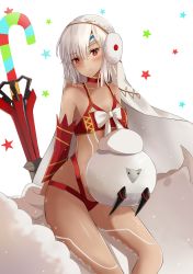 Rule 34 | 1girl, altera (fate), altera the santa (fate), animal, bare shoulders, blush, breasts, choker, collarbone, dark skin, dark-skinned female, detached sleeves, earmuffs, fate/grand order, fate (series), feet out of frame, full-body tattoo, gloves, headdress, highres, holding, holding animal, midriff, namii, parted lips, photon ray (fate), red eyes, revealing clothes, sheep, short hair, simple background, small breasts, solo, tan, tattoo, thighs, white hair