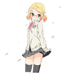 Rule 34 | 1girl, alternate hairstyle, beige cardigan, bespectacled, black thighhighs, blonde hair, bow, bowtie, cardigan, cherry blossoms, commentary, cowboy shot, emblem, glasses, grey skirt, hair ornament, hairclip, kagamine rin, lat model (mikumikudance), looking at viewer, miniskirt, plaid, plaid skirt, red-framed eyewear, school uniform, short hair, short twintails, skirt, solo, soukun s, standing, striped bow, striped bowtie, striped clothes, striped neckwear, swept bangs, thighhighs, twintails, vocaloid, white background