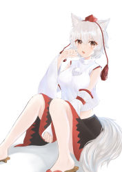 Rule 34 | 1girl, :d, absurdres, animal ear fluff, animal ears, bare legs, black skirt, blush, breasts, detached sleeves, eyebrows hidden by hair, fang, feet, feet out of frame, geta, hair between eyes, hat, highres, inubashiri momiji, knees together feet apart, medium breasts, medium hair, open mouth, paw pose, pom pom (clothes), red eyes, red headwear, red skirt, shirt, simple background, sitting, skin fang, skirt, sleeveless, sleeveless shirt, smile, tail, tokin hat, touhou, white background, white hair, white shirt, wide sleeves, wolf ears, wolf tail, yutagami