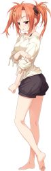 Rule 34 | 1girl, :o, absurdres, barefoot, feet, full body, hair ornament, hairclip, hashimoto takashi, highres, imouto no katachi, jitome, kneepits, legs, long hair, long image, long legs, off shoulder, orange hair, red eyes, ribbon, short shorts, shorts, soles, solo, standing, sumeragi ayaka, sweatdrop, sweater, tall image, toes, transparent background, twintails, white background