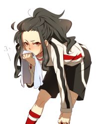 Rule 34 | 1boy, androgynous, bent over, black hair, dezarm, inazuma eleven, inazuma eleven (series), male focus, ponytail, red eyes, solo, sweat, towel, trap, wiping