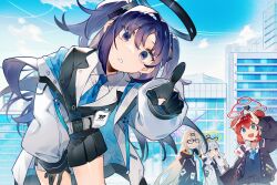 Rule 34 | 4girls, black gloves, black jacket, blue archive, blue eyes, blue necktie, building, closed eyes, cloud, day, double bun, fang, glasses, gloves, grey hair, hair bun, hair ornament, hairclip, halo, hare (blue archive), highres, holding, jacket, kotama (blue archive), long hair, long sleeves, maki (blue archive), multiple girls, necktie, open mouth, outdoors, pleated skirt, pointing, pointing at viewer, purple hair, red hair, shirt, short hair, skirt, sky, smile, sweater vest, two side up, white jacket, white shirt, x hair ornament, yuhong, yuuka (blue archive)