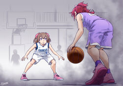 Rule 34 | 2girls, aida mana, artist name, ball, basketball, basketball (object), basketball court, basketball hoop, basketball jersey, basketball uniform, brown hair, commentary, dated, delicious party precure, dokidoki! precure, hair ribbon, heel up, highres, holding, holding ball, in-franchise crossover, leaning forward, looking at another, multiple girls, nagomi yui, one side up, parted lips, pink footwear, pink ribbon, precure, purple eyes, purple shirt, purple shorts, purple socks, red hair, ribbon, satou yasu, in-franchise crossover, shadow, shirt, shoes, shorts, signature, sleeveless, sleeveless shirt, sneakers, socks, sportswear, squatting, standing, sweatdrop, two side up, white shirt, white shorts, white socks