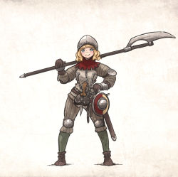 Rule 34 | 1girl, armor, bardiche (weapon), blonde hair, boots, buckler, dagger, freckles, full armor, gambeson, gauntlets, gloves, helmet, holding, holding weapon, ironlily, knife, medieval, original, polearm, sheath, shield, shoulder armor, solo, standing, sword, weapon