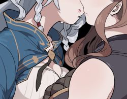 Rule 34 | 2girls, :o, black background, braid, breast press, breasts, brown hair, cleavage, closed mouth, couple, emu (eomou), female focus, granblue fantasy, head out of frame, imminent kiss, large breasts, lips, long hair, multiple girls, neck, open mouth, silva (granblue fantasy), silver hair, sleeveless, tweyen (granblue fantasy), symmetrical docking, twin braids, upper body, yuri